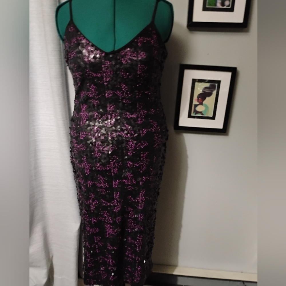 Dress The Population Nina Sequin Midi Dress, Sz XL Purple & Black - Picture 12 of 13
